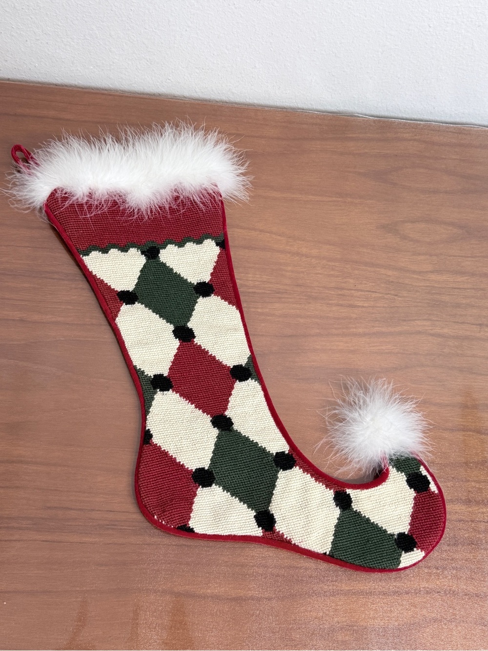 Needlepoint Boa Trim Elf-Style Christmas Stocking